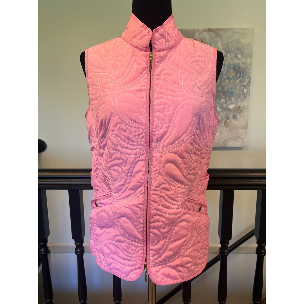 Bylyse Women Pink Quilted Paisley Scroll Vest Mock Neck Full Zip Size Medium